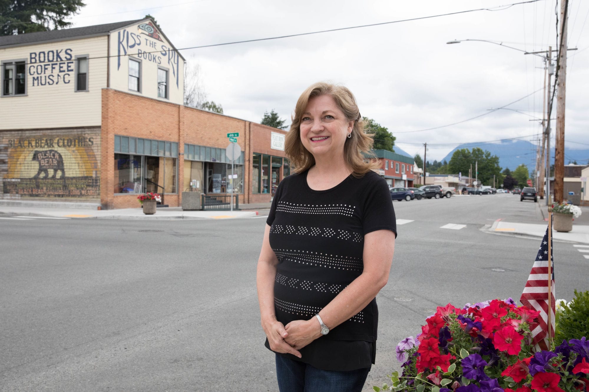 Debbie Copple standing along Main Street in downtown Sultan