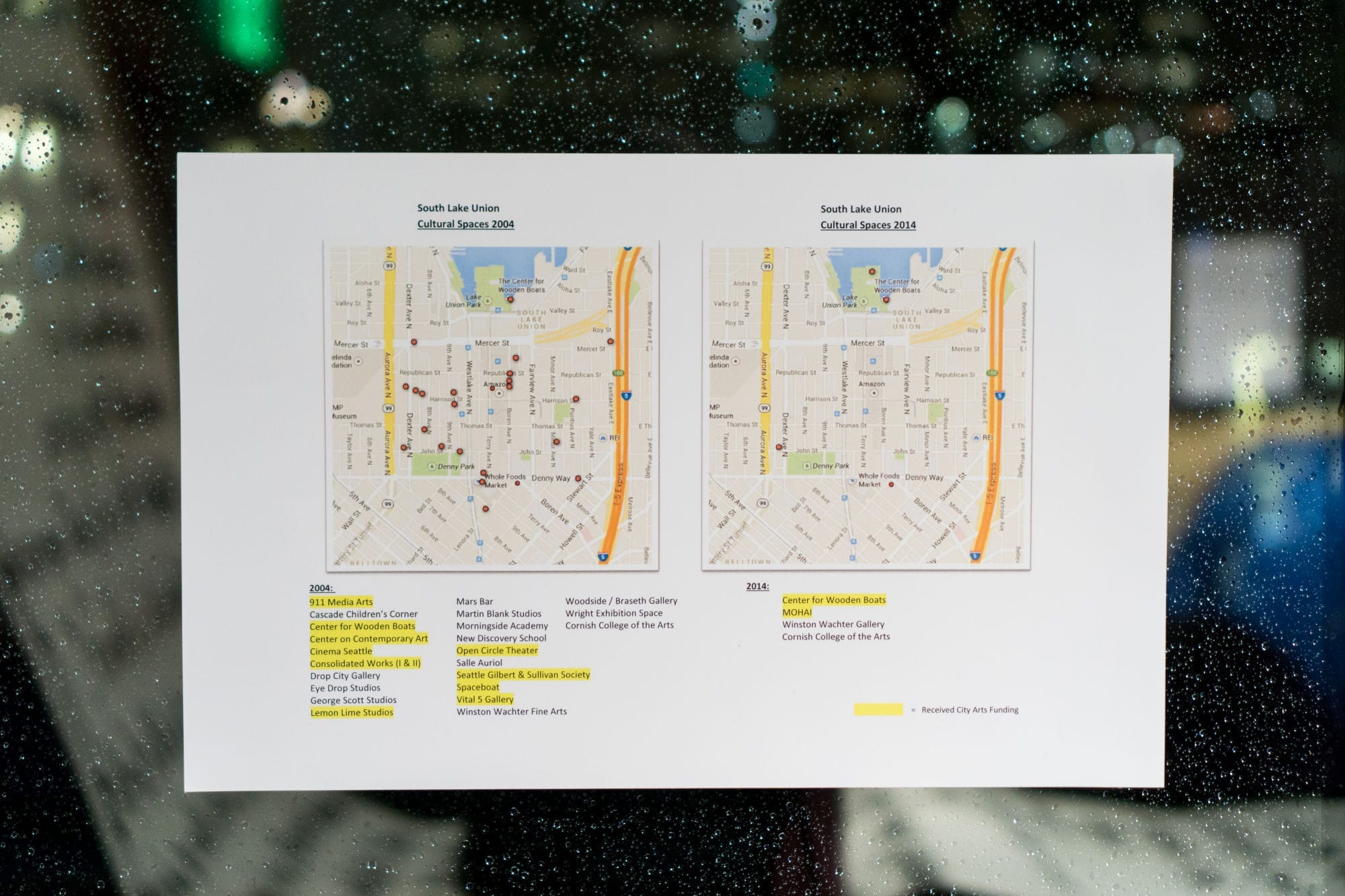 A map of cultural spaces in South Lake Union in 2004 versus 2014.