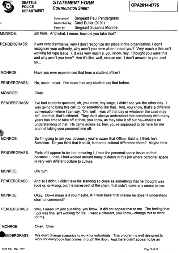 Transcript of OPA Interview with Sergeant Pendergrass.