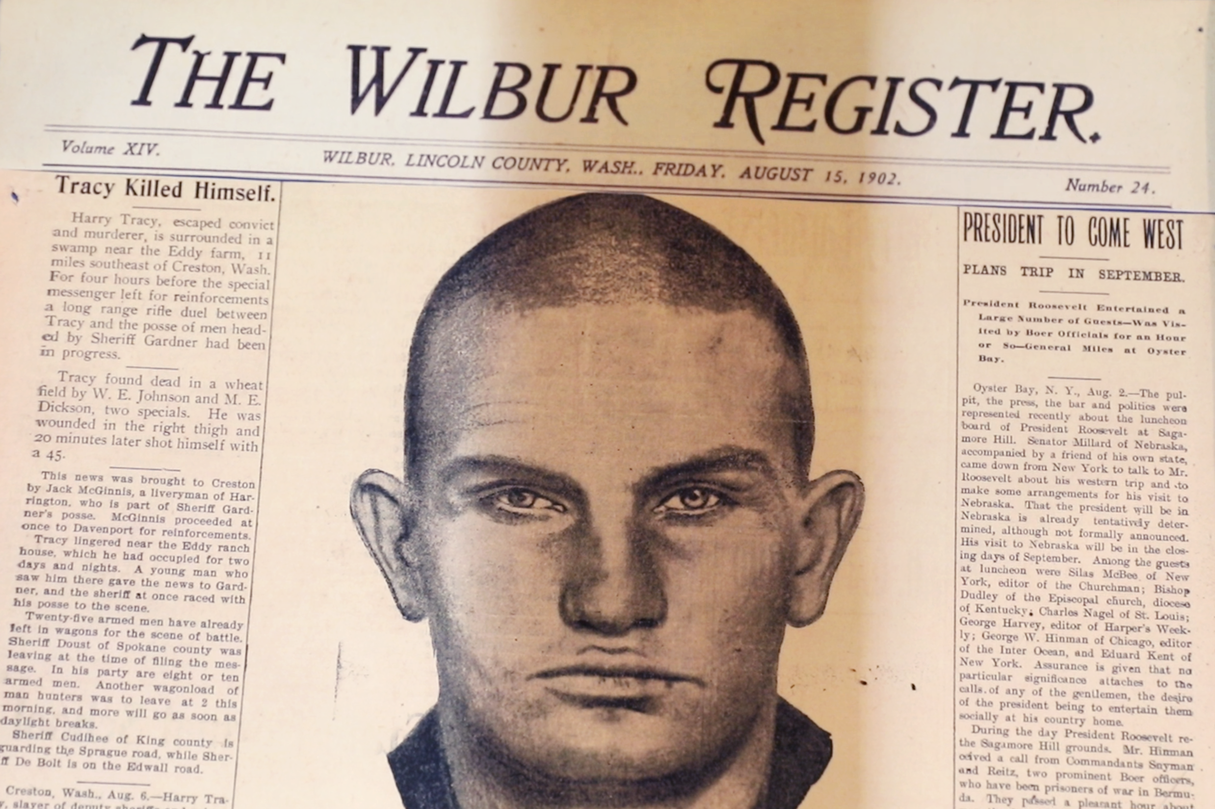 A newspaper front page proclaiming the death and capture of Harry Tracy
