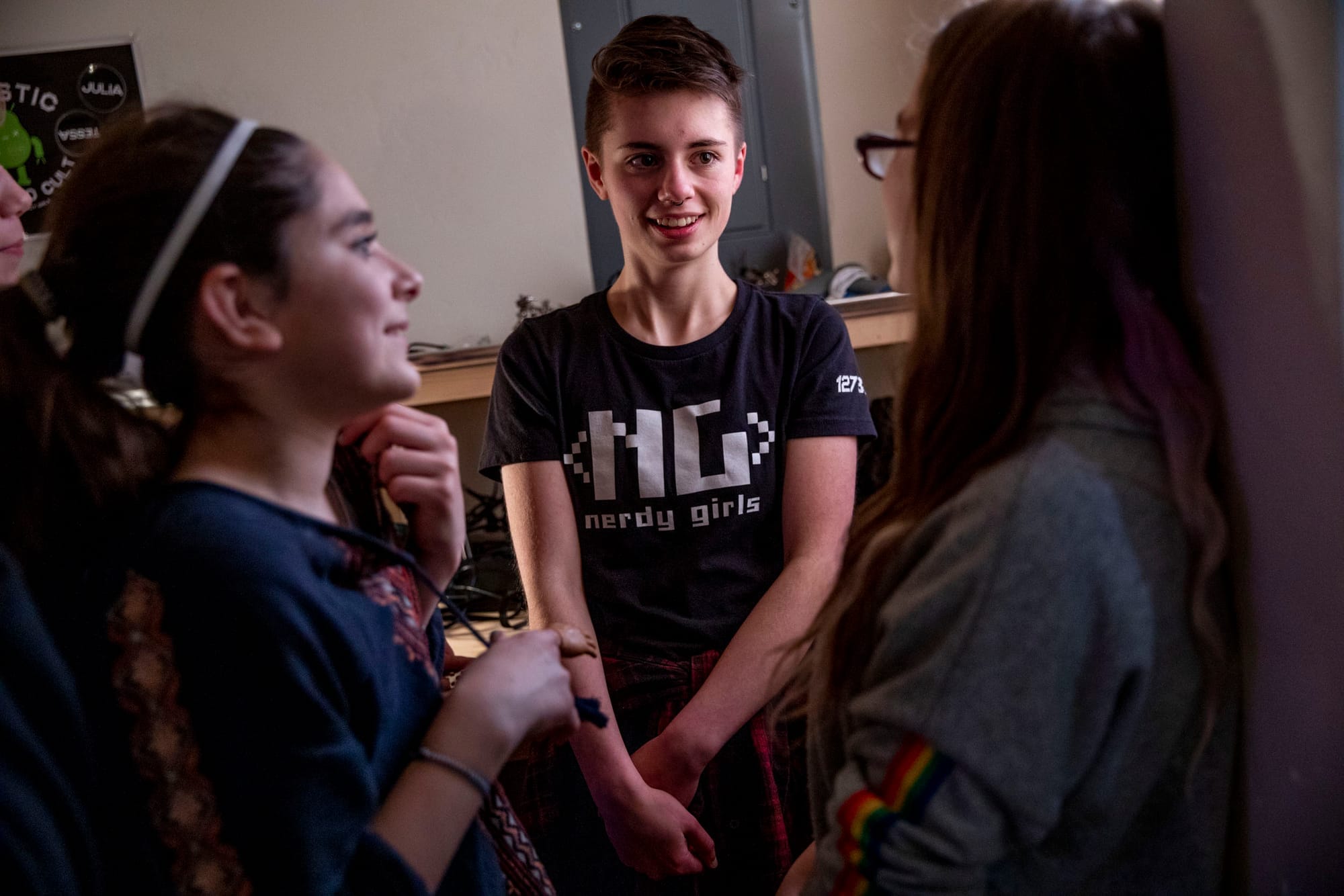 Nerdy Girls co-founder and high school sophomore Greta Mayer during a Nerdy Girls meetup in Ellensburg on May 17, 2019. "I am really passionate about coding. I love to code. It's also just so cool seeing the transformations in like all of these girls. It just really inspires me to sharpen my skills with coding and take it as far as I can go," Mayer says. (Photo by Dorothy Edwards/Crosscut)