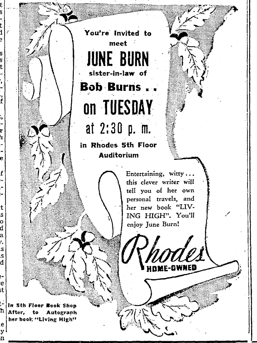 Seattle’s Rhodes Department Store invited readers to meet June Burn and hear her discuss her autobiography, “Living High”.