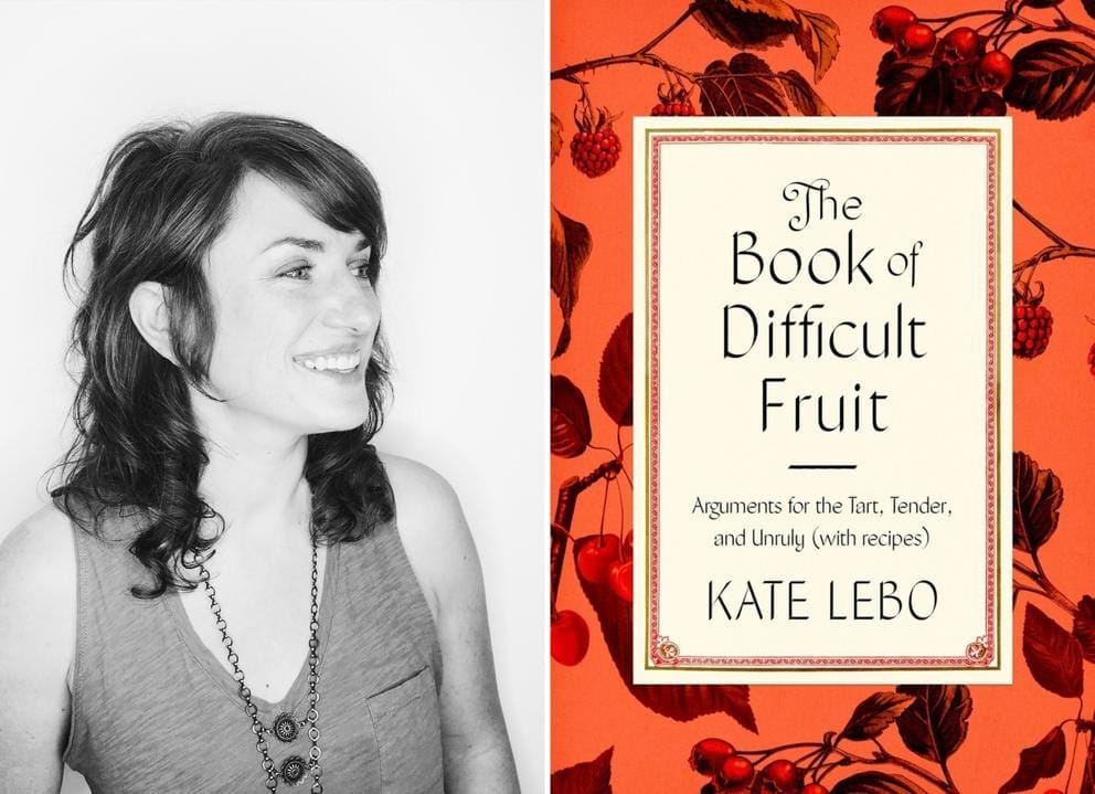 Left: portrait photo of a white woman with medium lenght hair, laughing - in black and white. On the right: an orange book cover with title
