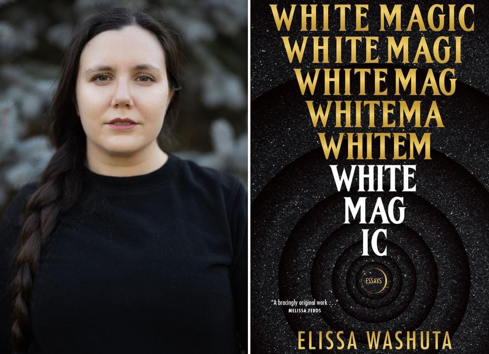 On the left: a person with long, dark braided hair looking into the camera, on the right a black book cover with