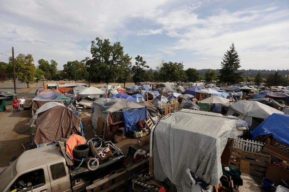 View of the Camp Hope encampment from the top of an RV
