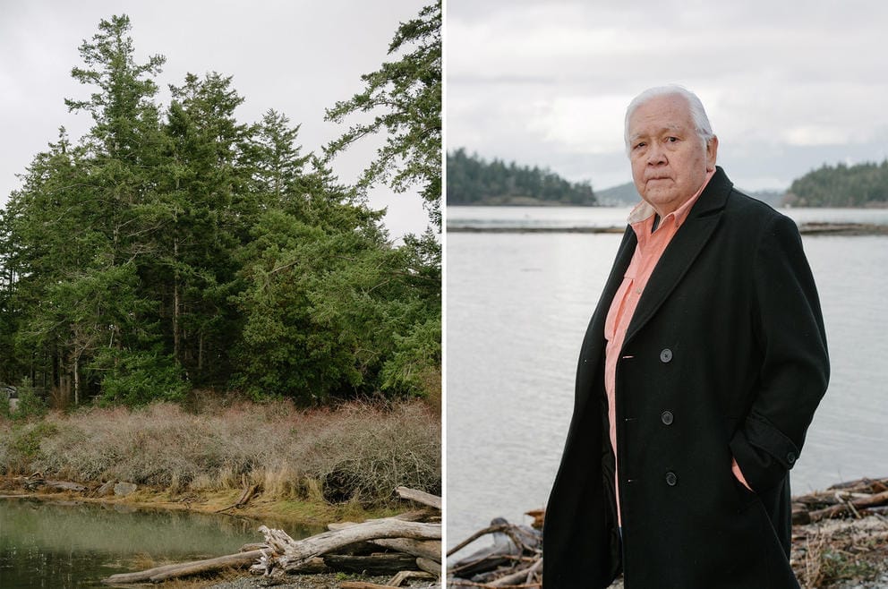 On the left, a forest can be seen in front of a body of water with logs in the foreground. On the right, a man in a black coat looks at the camera, with a body of water in the background.