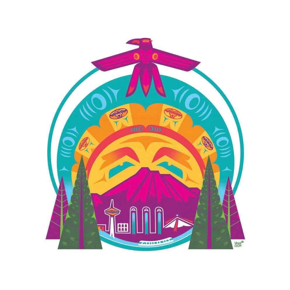 Seattle overlooked by a purple Mount Rainier, surrounded by a yellow Totem sun with turqoiuse border