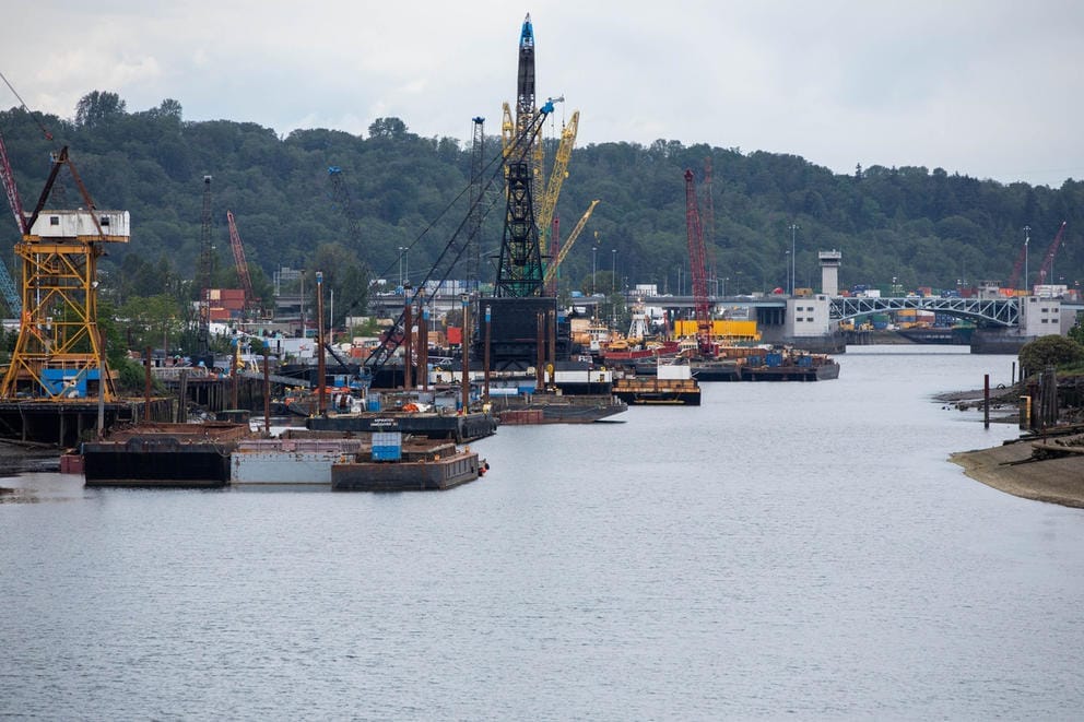 Cranes off the bank of the Duwamish River