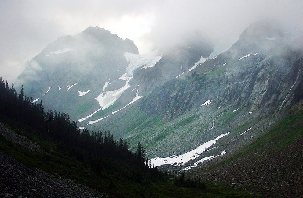 mountains in the fog