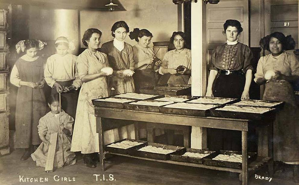 Kitchen girls, Tulalip Indian School, 1912.