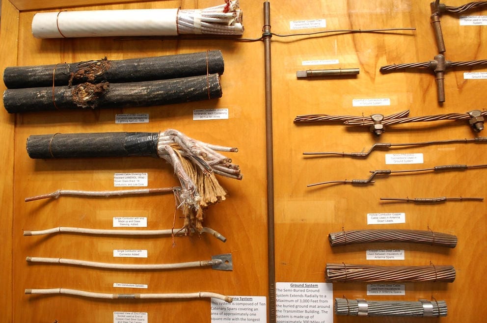 A display of rows of various kinds of radio transmission cables