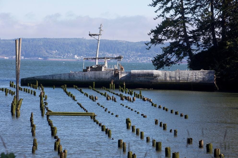 USS Plainview AGH1, Columbia River, abandoned since 1996 one mile from Dismal Nitch, WA. In the late 1960s this sleek, speedy 212-foot hydrofoil was supposed to be the future of the US Navy.