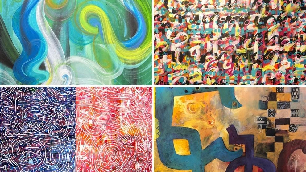 an image of four colorful paintings stacked in a grid of four
