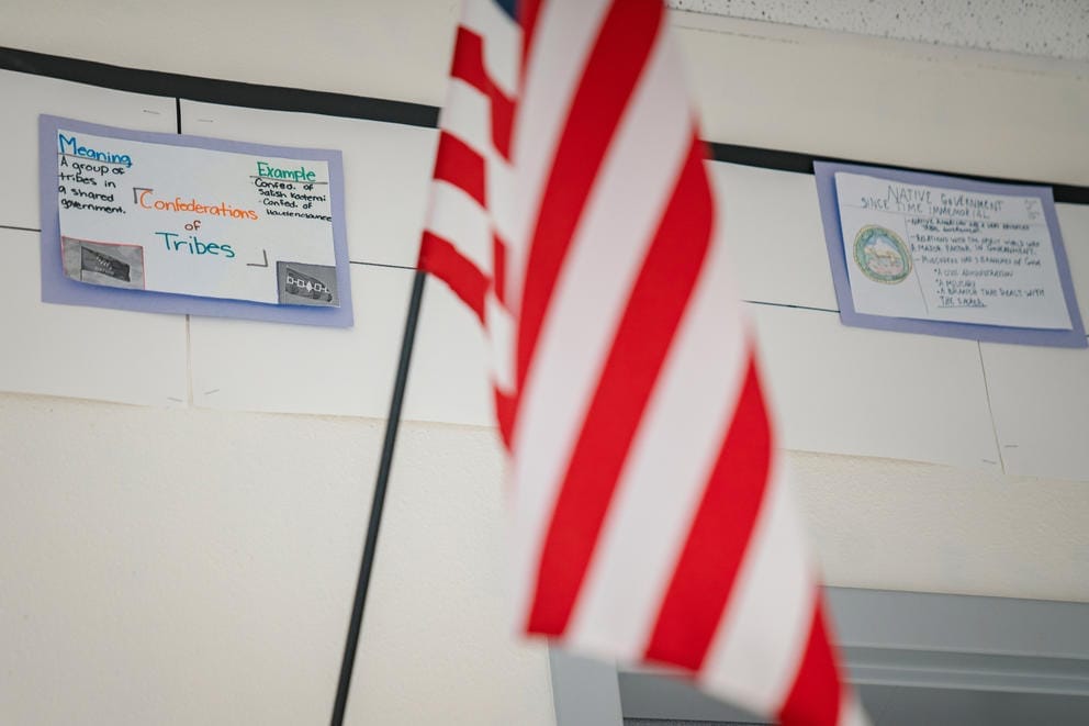 The walls of history teacher Alison McCartan’s classroom at River Ridge High School