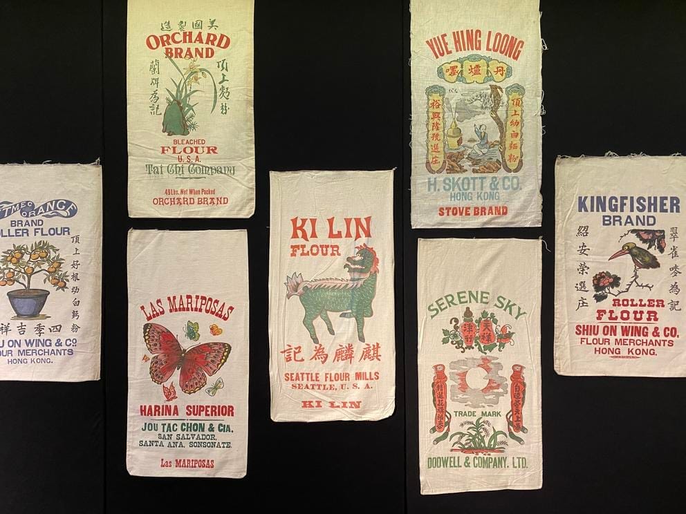 vintage flour sacks from Spokane flour mills featuring designs based on where the product would be exported