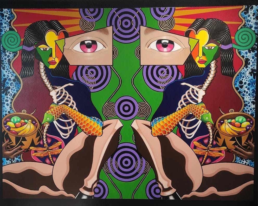 image of an abstract painting with bold lines and legs and snakes and eyes