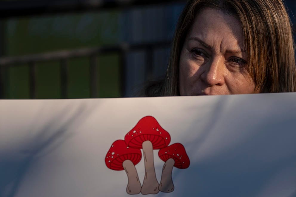 Demonstrator holding a sign with a mushroom graphic
