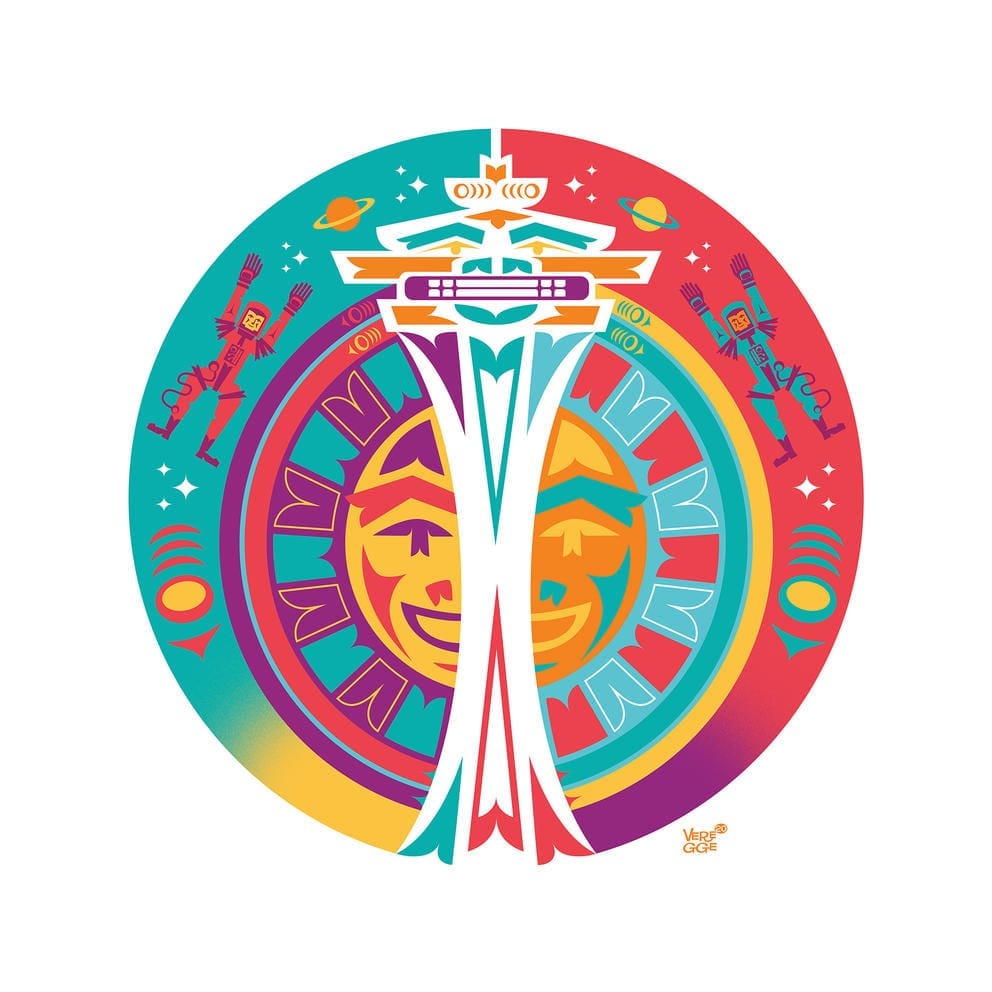 The Space Needle divides a totem sun with two astronauts on each side reaching to the sky.
