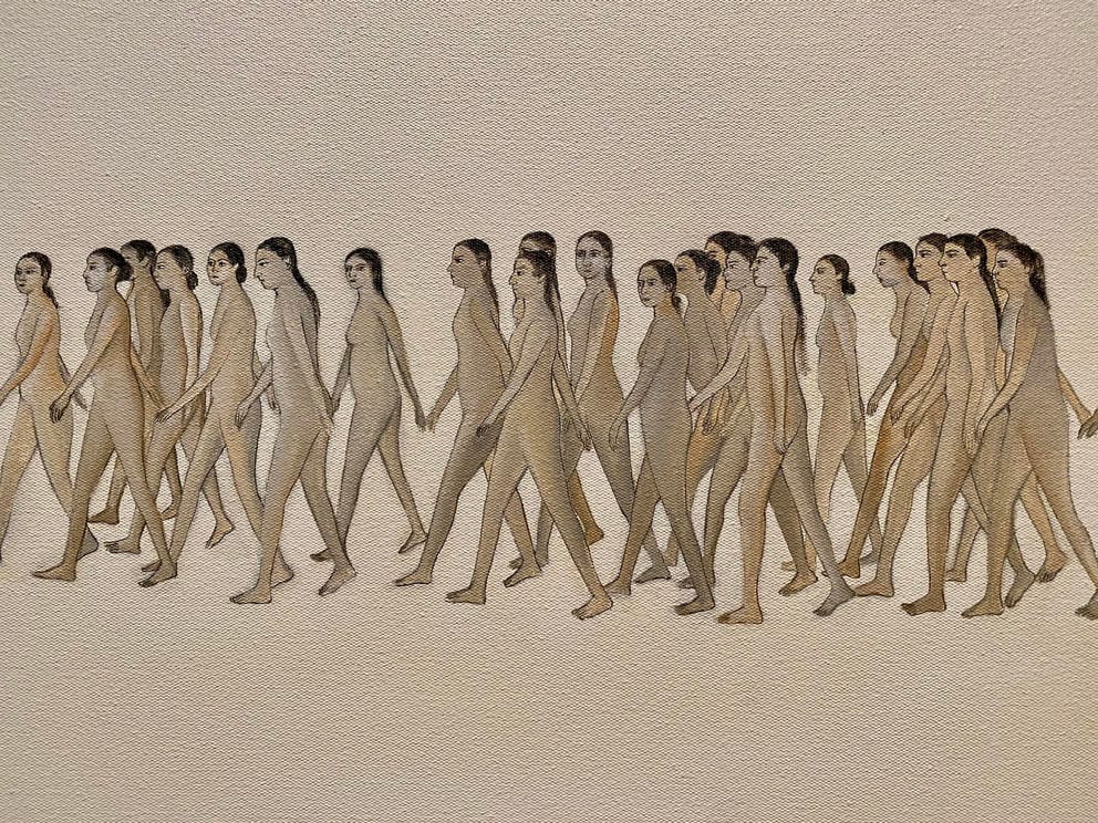 a beige toned painting of a group of cartoonish nude women walking toward the left