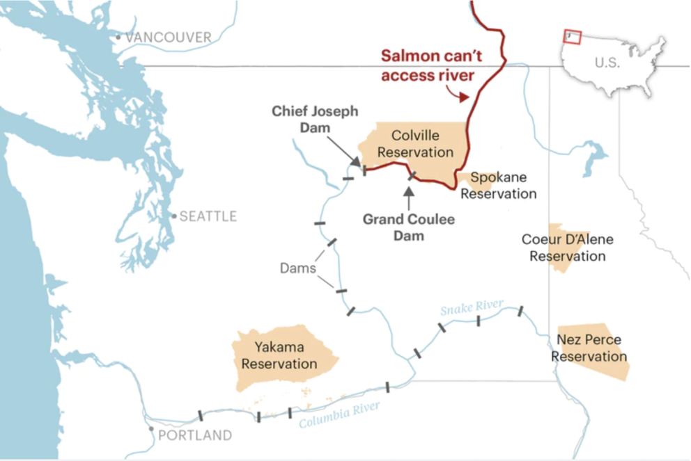 Map of Washington, northern Oregon and western Idaho with highlighted areas showing the Yakama, Colville, Nez Perce and Coeur d'Alene reservations, and dams along rivers. In northern WA near the Colville reservation, text reads 