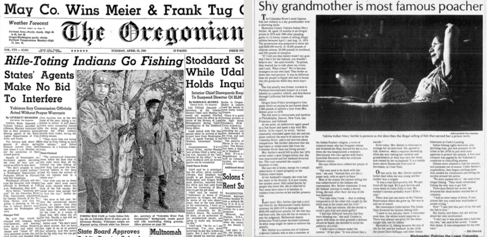 Two newspaper pages. Left image's lead headline: Rifle-toting Indians go fishing / States' agents make no bid to interfere / Yakimas say commission officials acted without proper warrants.