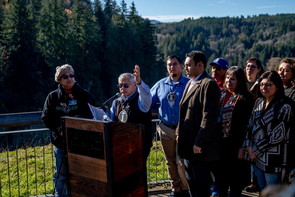 Members of the Snoqualmie Tribe at a press conference