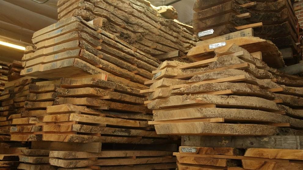 Rows of stacked lumber