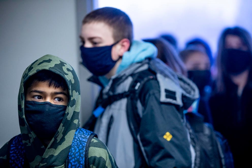 students in a line