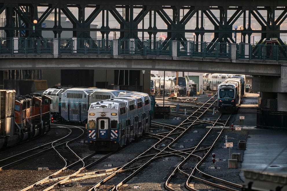 amtrak trains lined up in a rail yard in Seattle