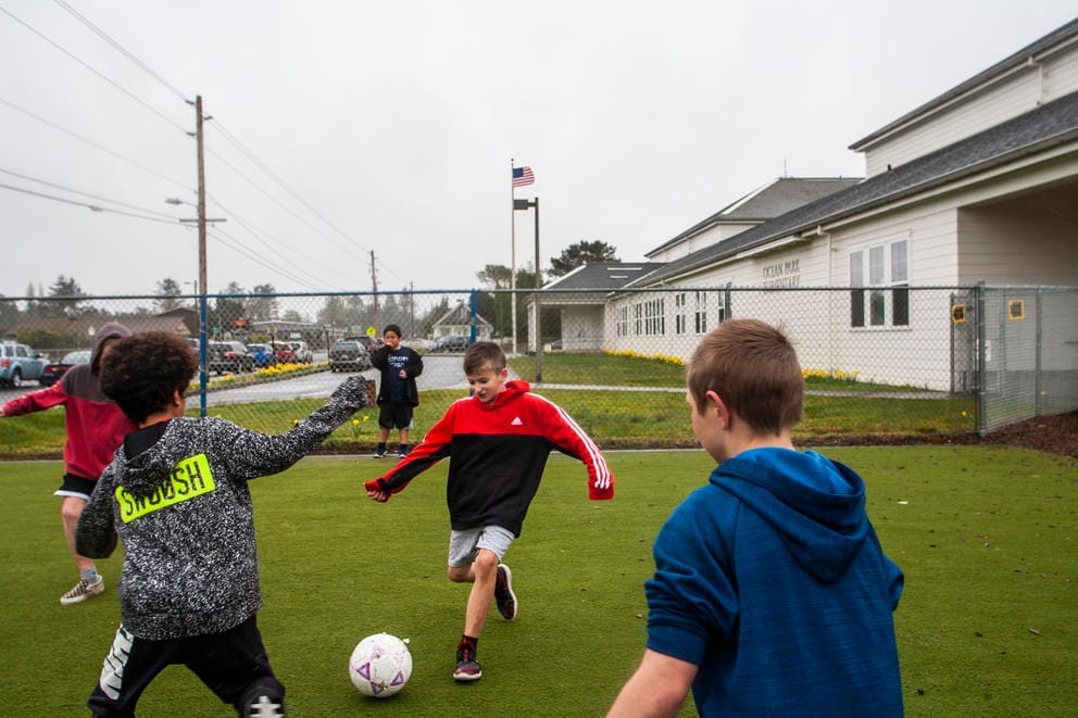 Kids play soccer at Ocean Park Elementary School