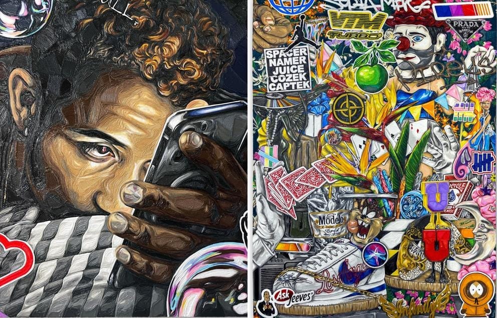 Two paintings, made with thin layers of plastic, depicting a person on his phone and, to the right, a combination of pop cultural accoutrements