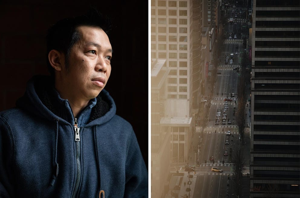 a diptich photo. left: a man looks out the window. right: a view of cars on 2nd avenue from above.
