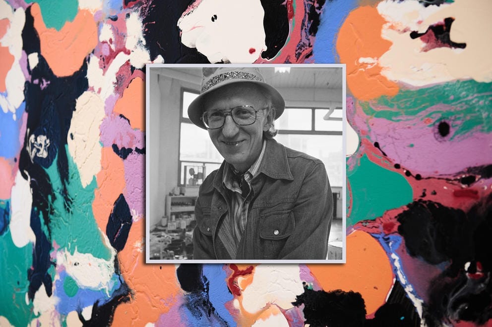 abstract painting in green, orange, beige and purple. On top: a black and white photo of a white man in a bucket hat