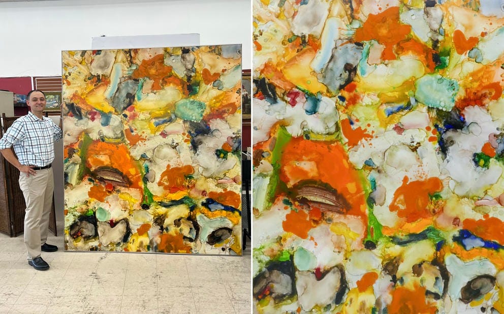 A man with beige pants and blue shirt stands next to a bright painting full of oranges and greens, right: close-up of painting