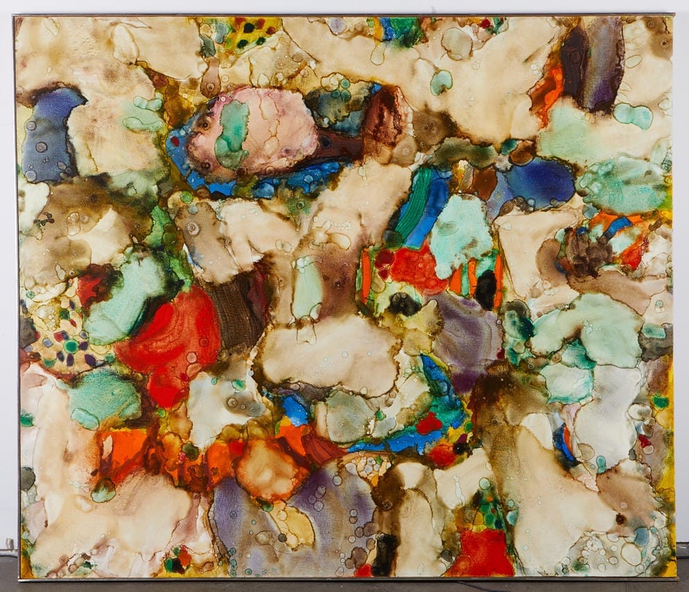 Beige abstract painting with pops of aquamarine and red color