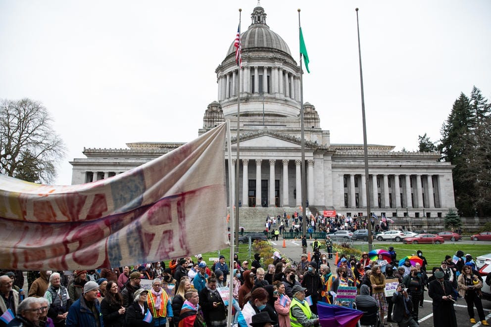 People gathered outside of the Capitol