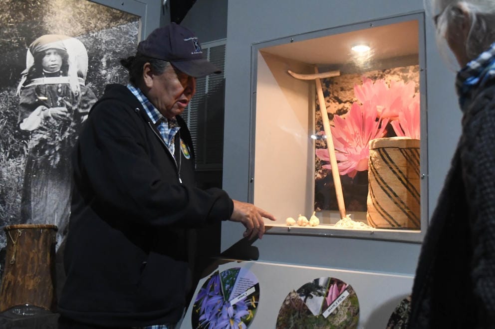 Lewis points to a display case