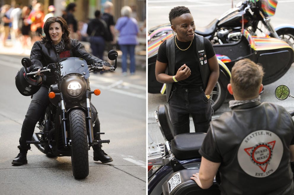 Left: a. Right: E.N. West, left, and Courtney Scott chat before riding in the parade.