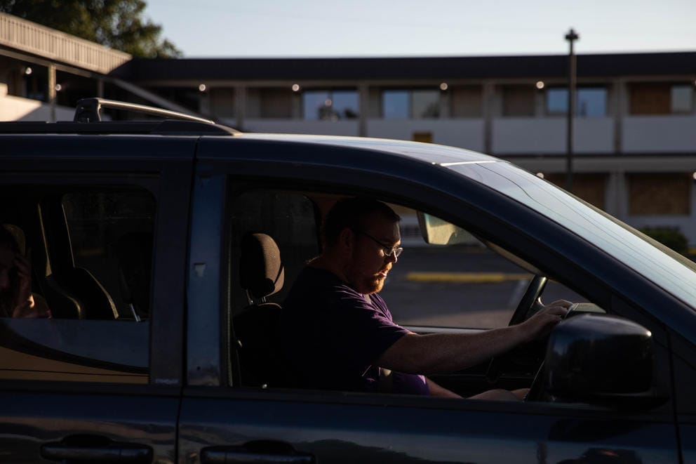 Ryan Blackledge starts the car to go pick up his sister in Yakima.