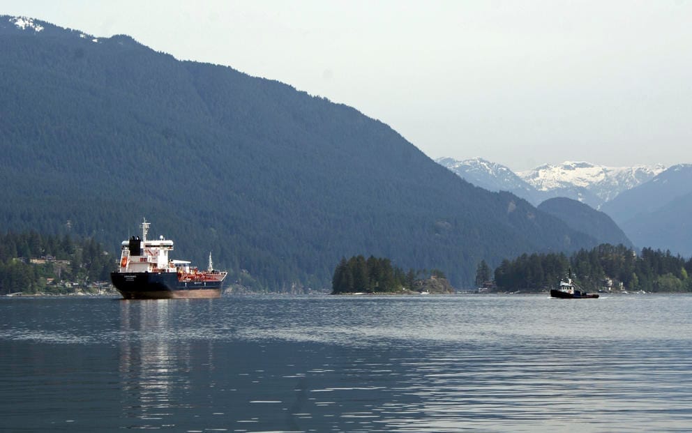 A view of an oil tanker stalled in the Pacific waters outside Vancouver, Canada