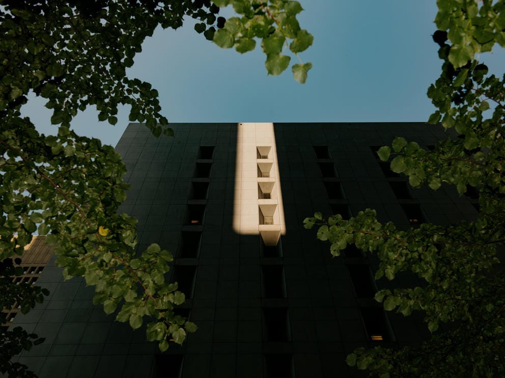 A shaft of light illuminate a narrow section of windows in a Seattle building