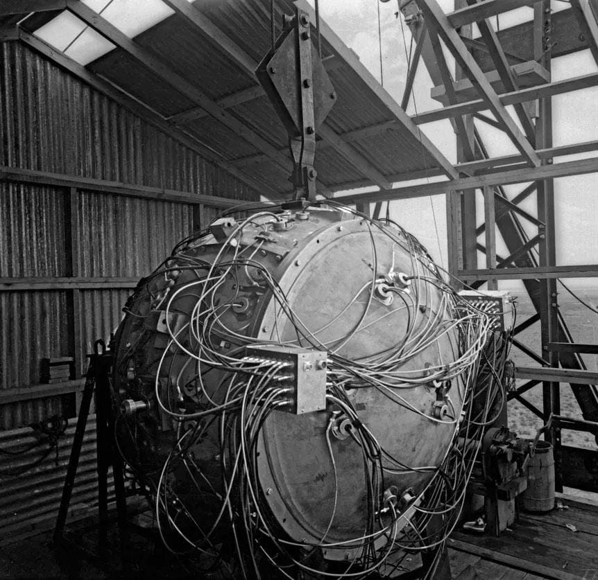 A gigantic metal ball covered in wire.