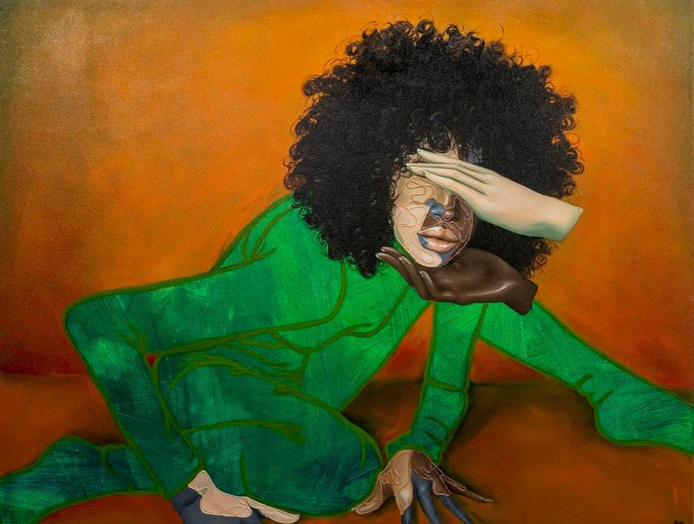 a painting of a woman in a green outfit, half her face is beige, half brown