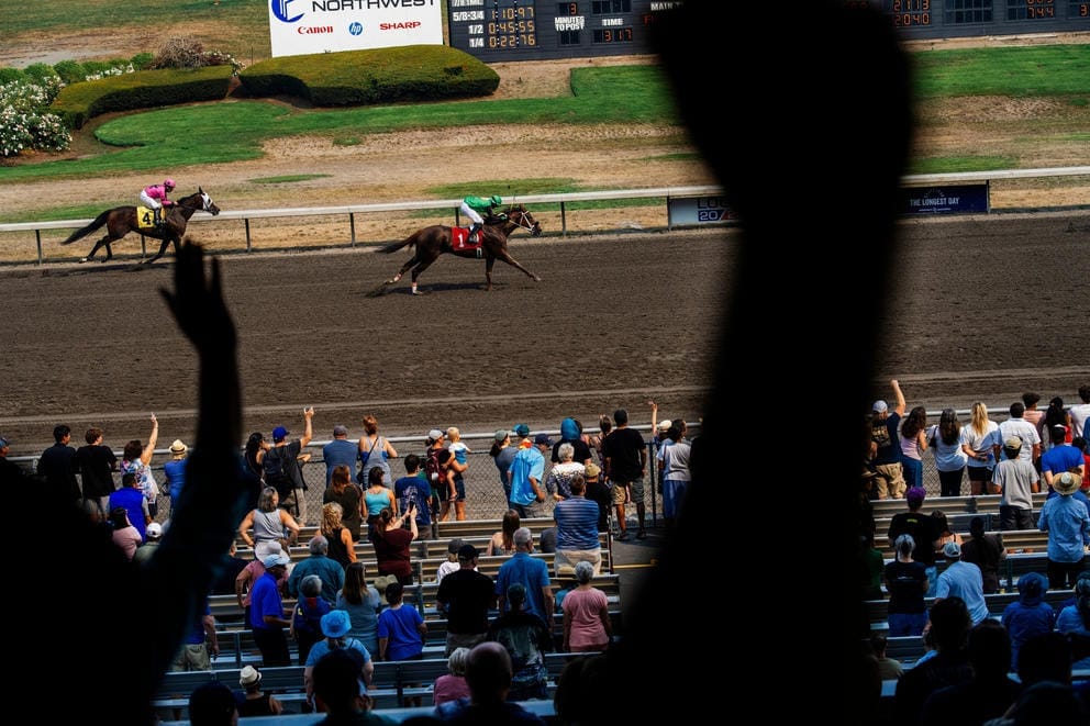 Fans cheer as thoroughbred horses Blowing Bayou (center) and American Royalty (left) race toward the finish line during a race at Emerald Downs racetrack