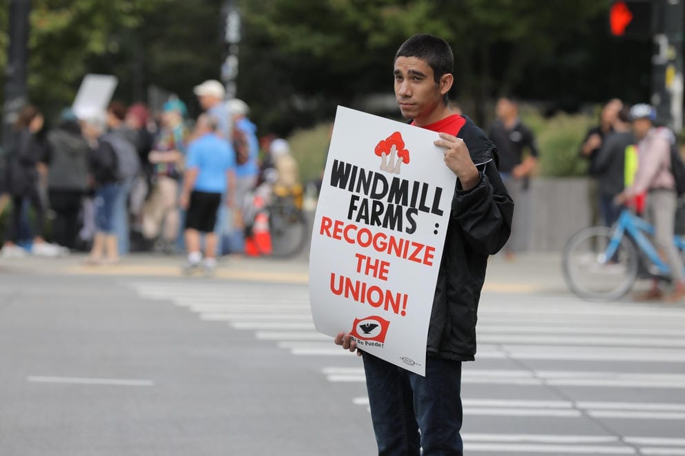 A person holds a picket sign that says