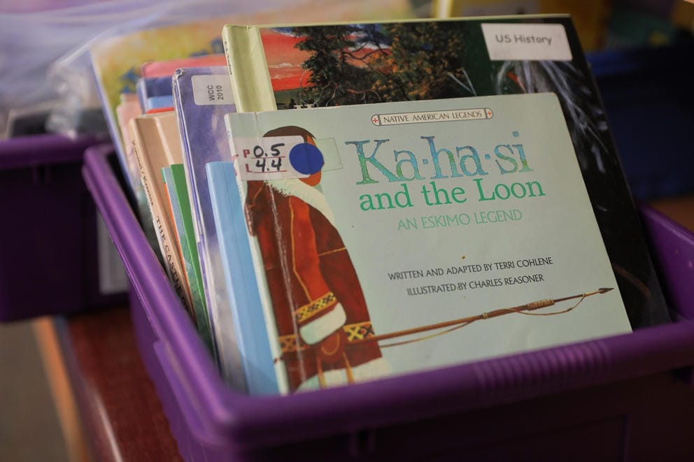 A bin of children's books about Native peoples