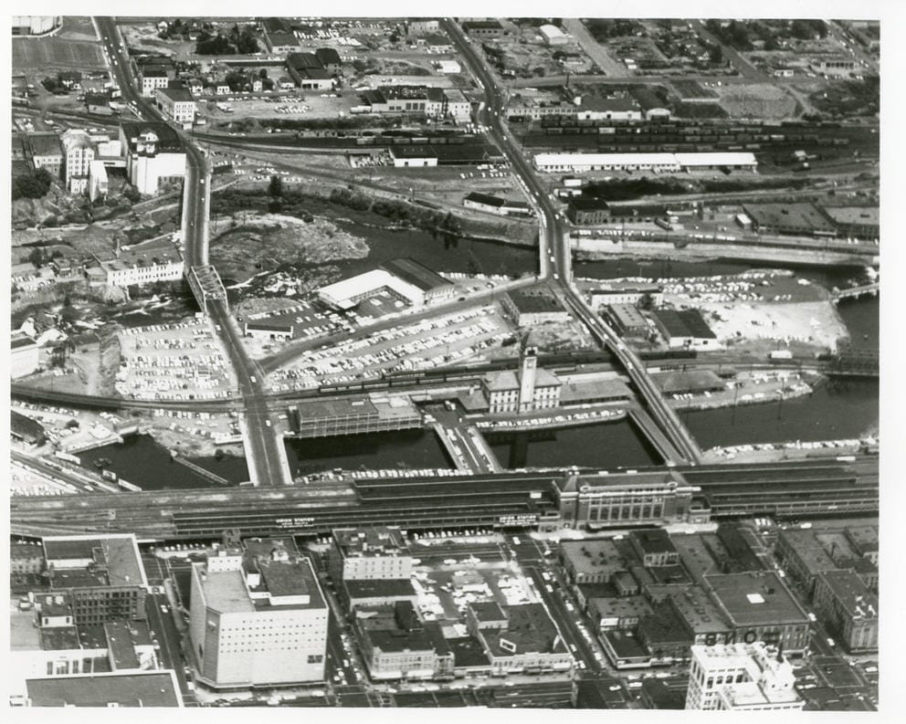 A congested rail yard where the expo would end up