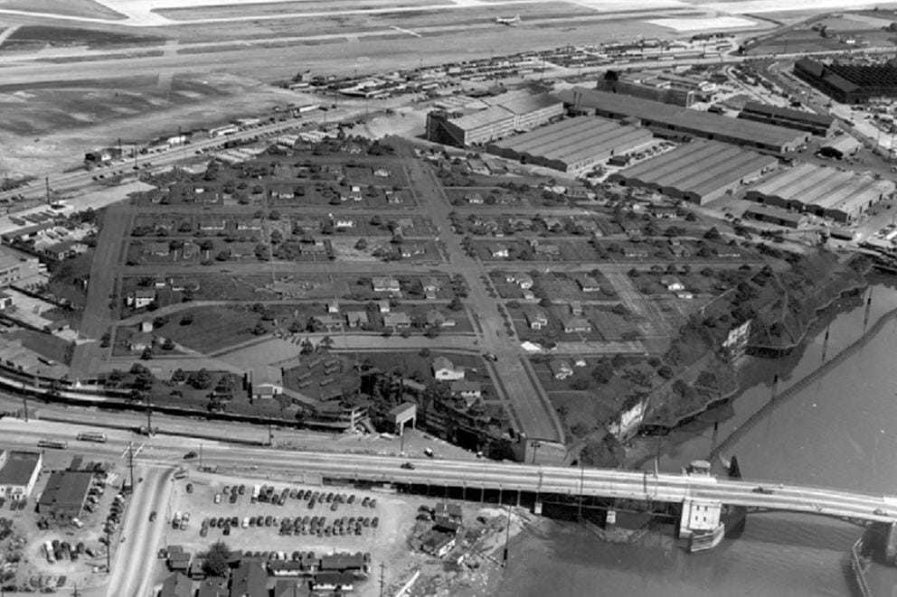 Bird's eye view of the camouflaged roof of Boeing plant #2. 