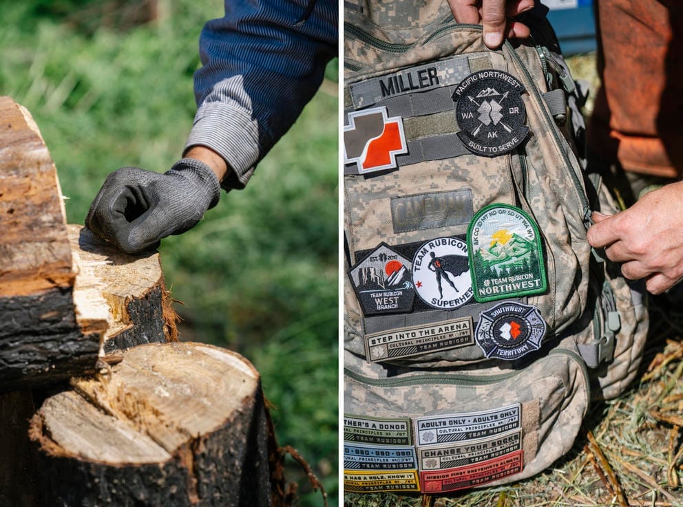 Karl Kaiyala rests his hand on a fresh stump and Team Rubicon patches on a backpack