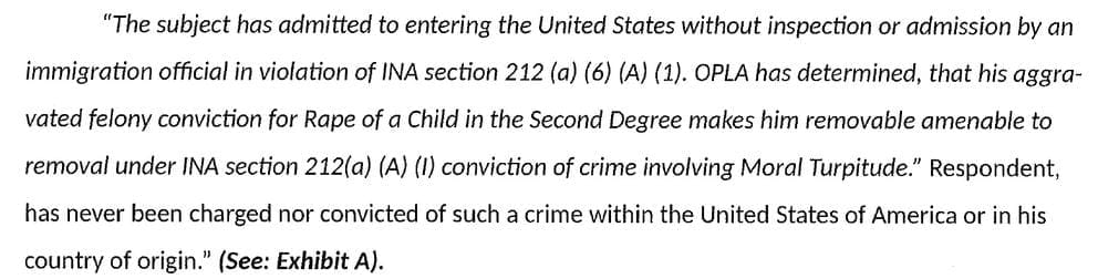 An excerpt from a letter written by Kungfu Karuo to Director of the Center for Human Rights Angelina Godoy that lists the “Charges of Removability” Karuo was accused of and deported based on by ICE.